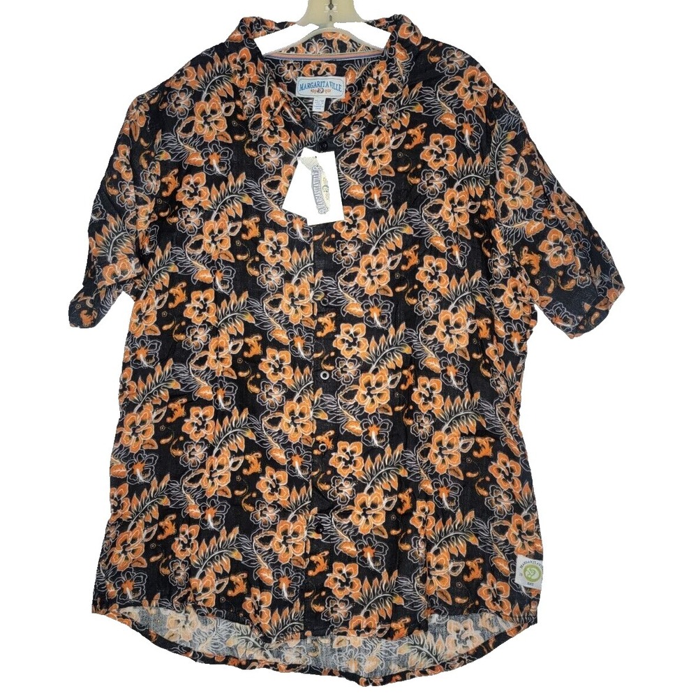 NWT Margaritaville Men's XL Hawaiian Shirt Orange Black Hibiscus Floral Tropical
